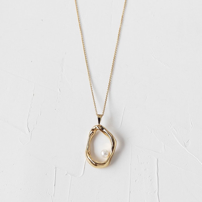 環-單珍珠項鍊(鍍18K金/純銀) - 項鍊 - 純銀 金色
