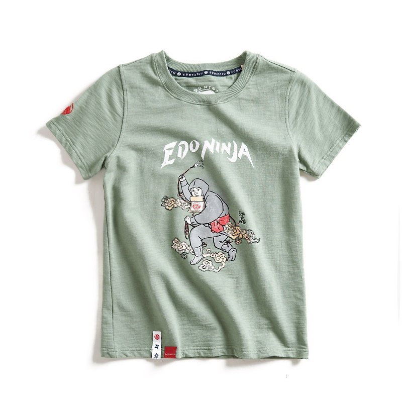 Edo Katsuri Ninja Series Iga Ninja Print Short Sleeve T-Shirt - Ladies (Grey Green) #衣 - Women's T-Shirts - Cotton & Hemp Green