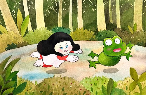 金魚公主 青蛙跳 / 水彩裱框原畫/ 共二幅