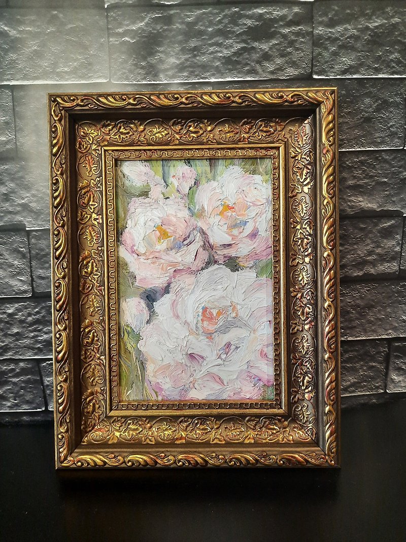 Impasto oil roses in a vintage frame Impasto painting 油畫玫瑰 - Posters - Wood Pink