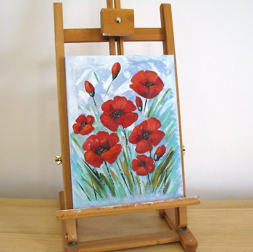 DCS-Art Red poppies small oil painting wall or shelf decoration on wooden easel