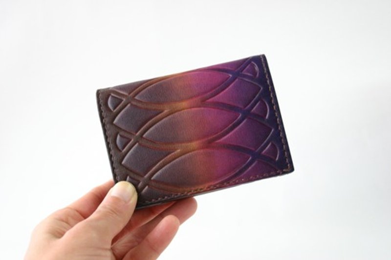 Hand-dyed and hand-stitched leather wallet Mini Card purple×brown - Wallets - Genuine Leather Purple