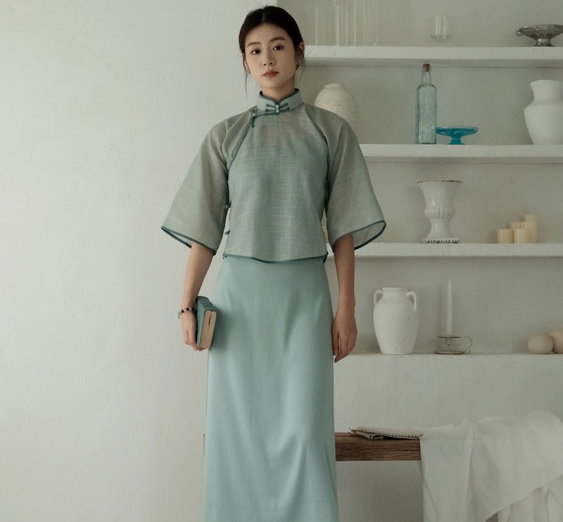 【清清】新中式復古中國風/20s天絲麻倒大袖 - 女上衣/長袖上衣 - 棉．麻 藍色