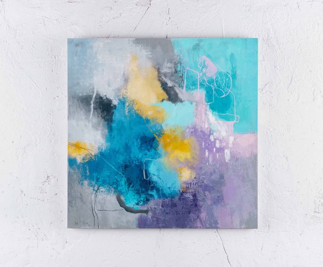 青黄色の絵画 | 青黄色の抽象画 | 青いライラックの壁アート 春の雲