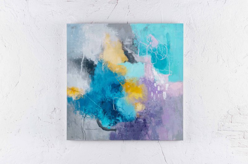 Blue Yellow Painting |  Blue Yellow Abstract | Blue Lilac Wal lArt  Spring Cloud - 壁貼/牆壁裝飾 - 棉．麻 藍色