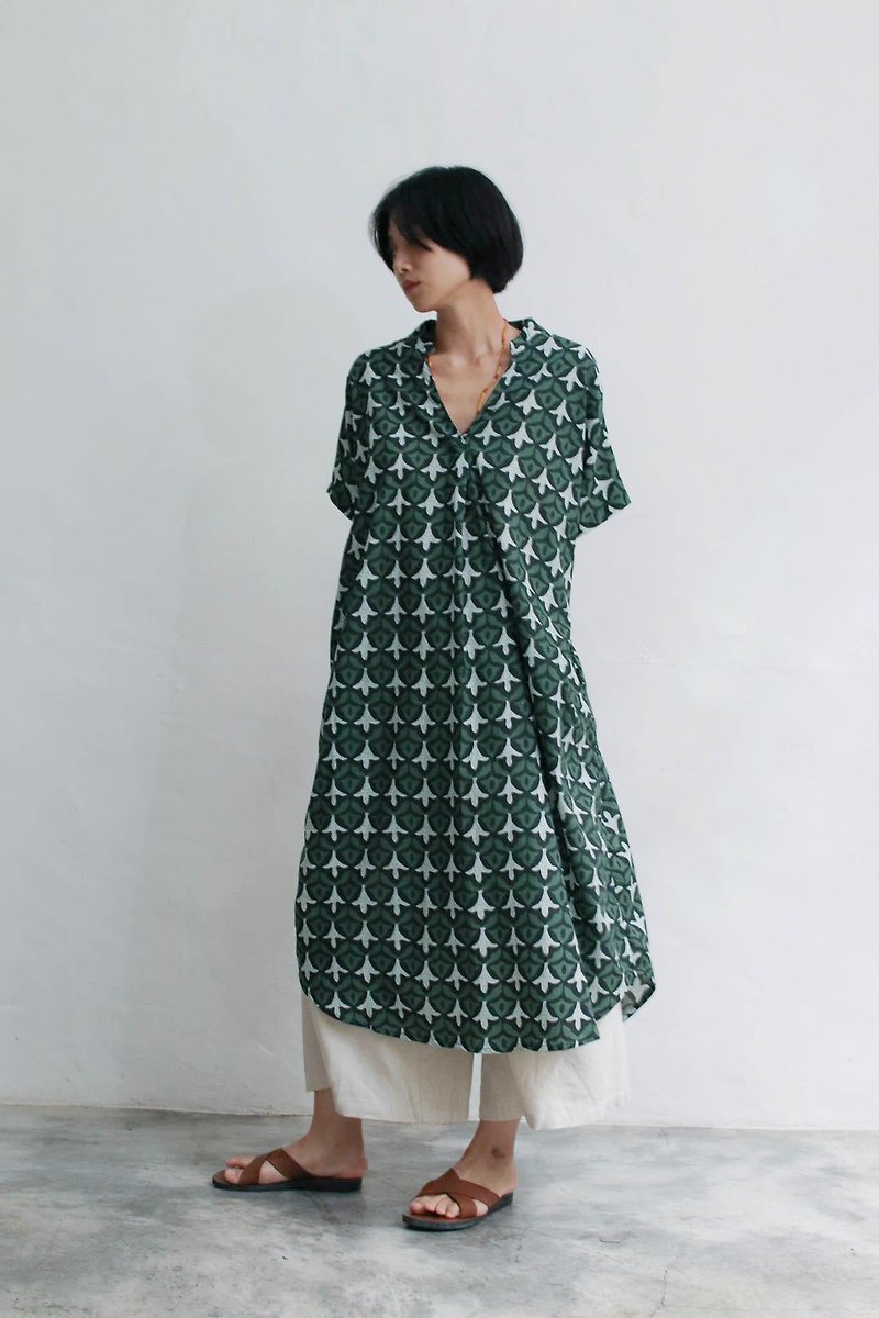 Indian cover dyed key collar dress green pine cone - One Piece Dresses - Cotton & Hemp Green