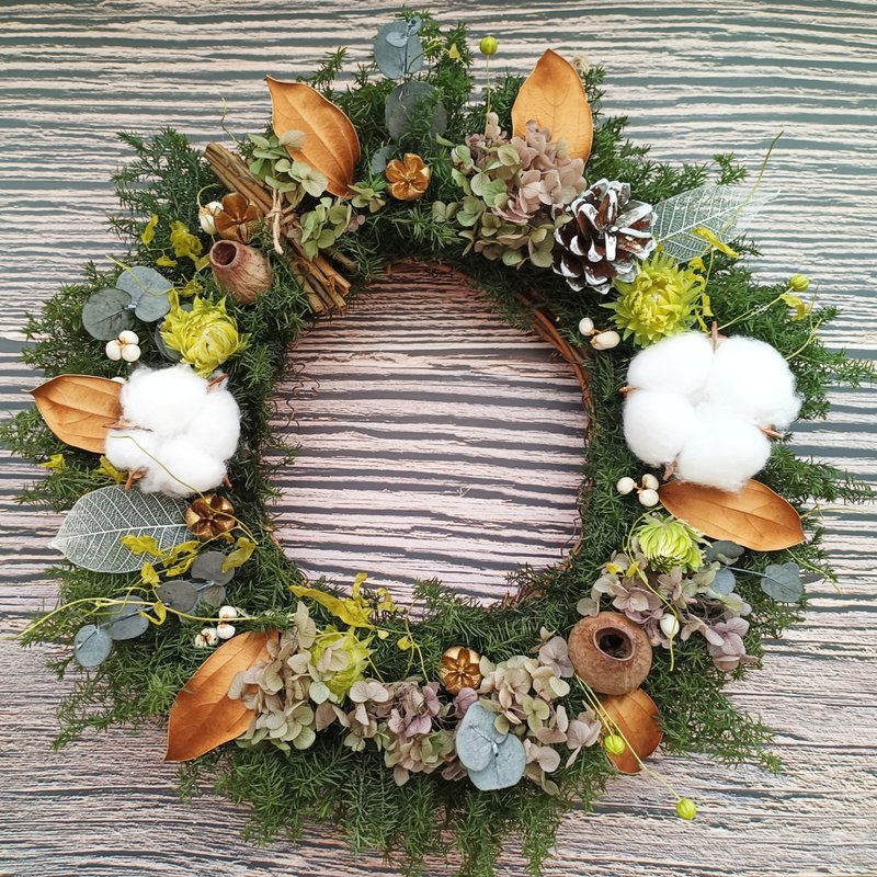 【鄉村風】33x33cm 永生雪松/聖誕花圈/永生花花圈 - 乾花/永生花 - 植物．花 綠色