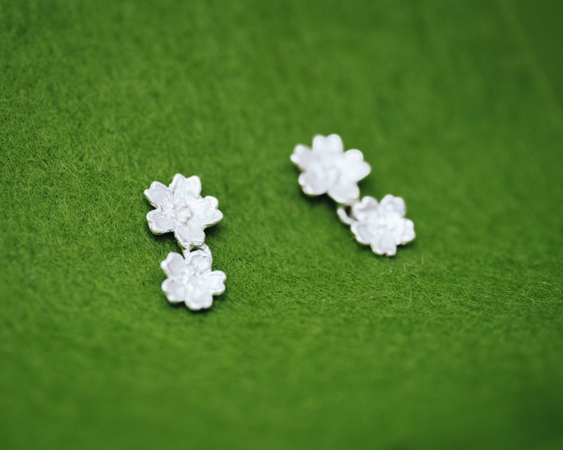 Japanese blossom Silver earrings - Two flowers - Sakura cherry blossom flowers - Earrings & Clip-ons - Silver Silver