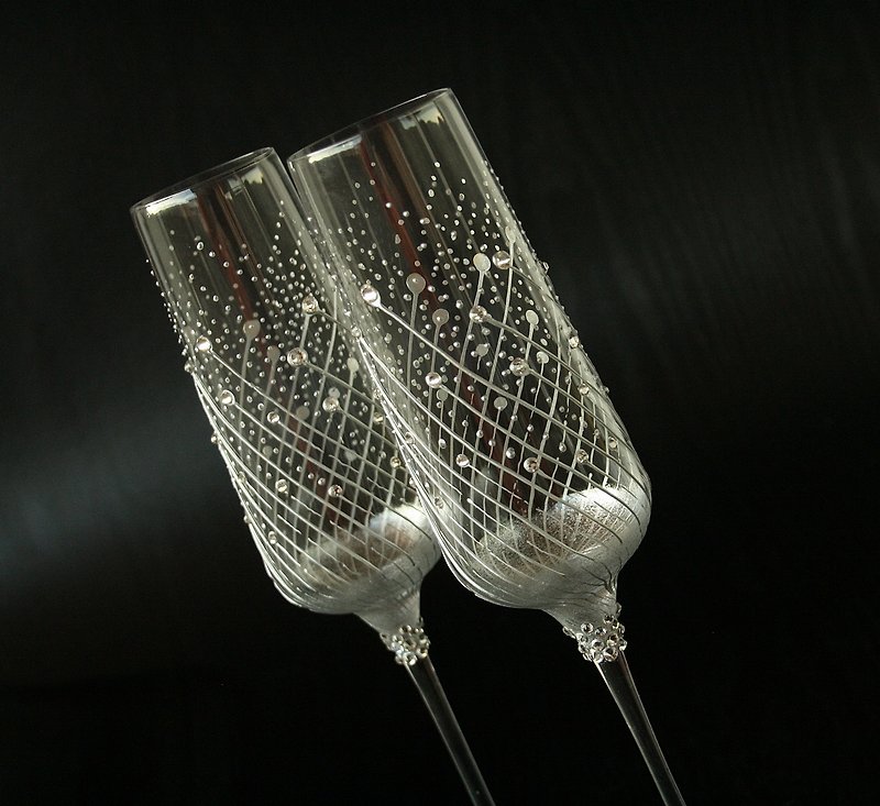 結婚式のシャンパーニュメガネ、ワインメガネ手描きの2本セット - ワイングラス・酒器 - ガラス シルバー