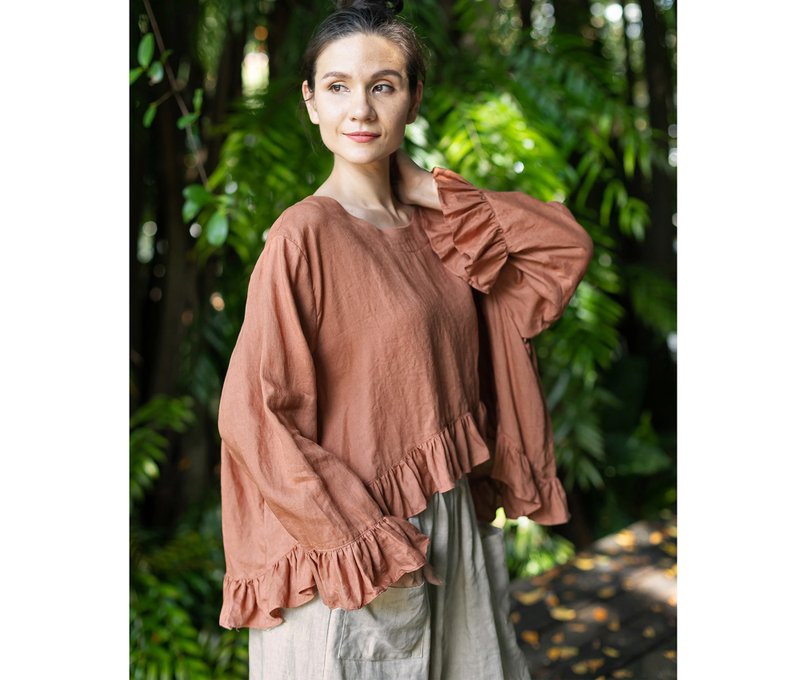 Oversized top rust colored linen, orange crop plus size linen top with ruffles - 女上衣/長袖上衣 - 亞麻 橘色