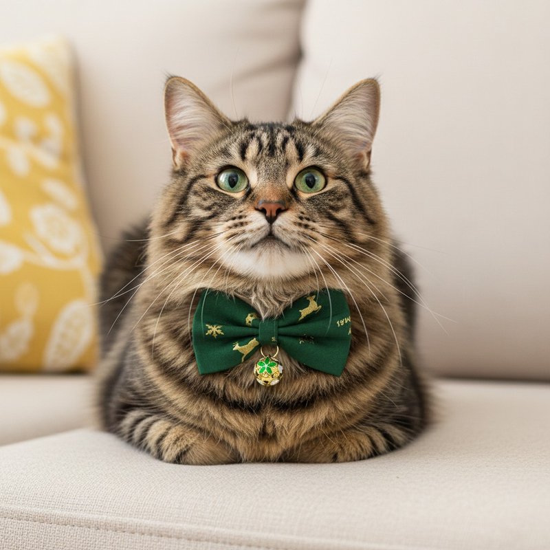 Christmas Classic - Green Bow Pet Decorative Collar for Cats, Small Dogs, and Mini Dogs - ปลอกคอ - ผ้าฝ้าย/ผ้าลินิน สีเขียว