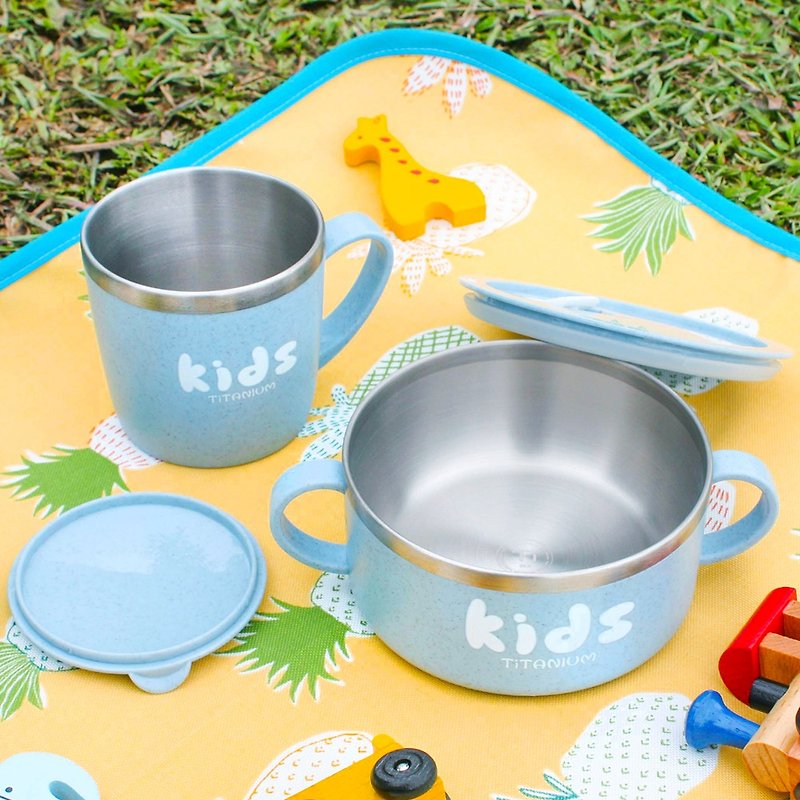 純鈦兒童學習杯防漏碗組(雙層 杯+防漏碗)-石灰藍 - 寶寶/兒童餐具/餐盤 - 其他材質 藍色