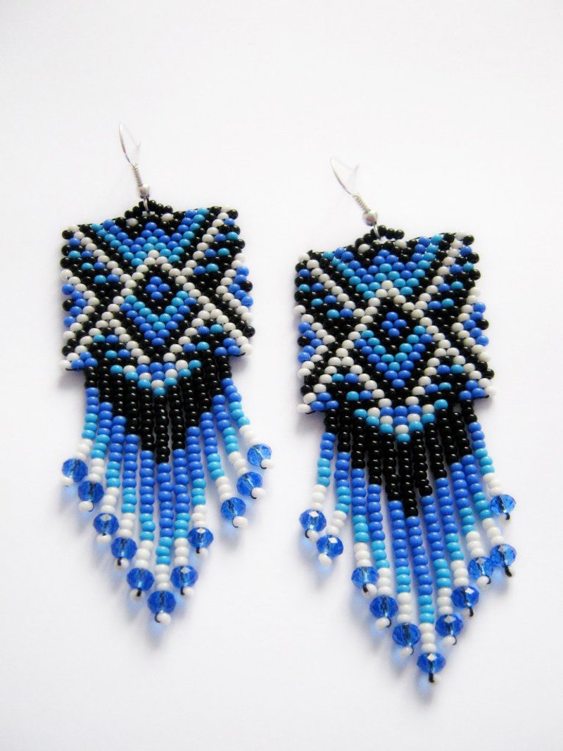 Black blue geometric dangle earrings handmade jewelry gift for women - ต่างหู - แก้ว สีน้ำเงิน