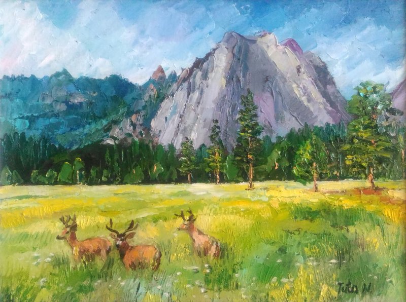 California Yosemite National Park Summer Landscape Painting Deer Art Mountain - 壁貼/牆壁裝飾 - 其他材質 