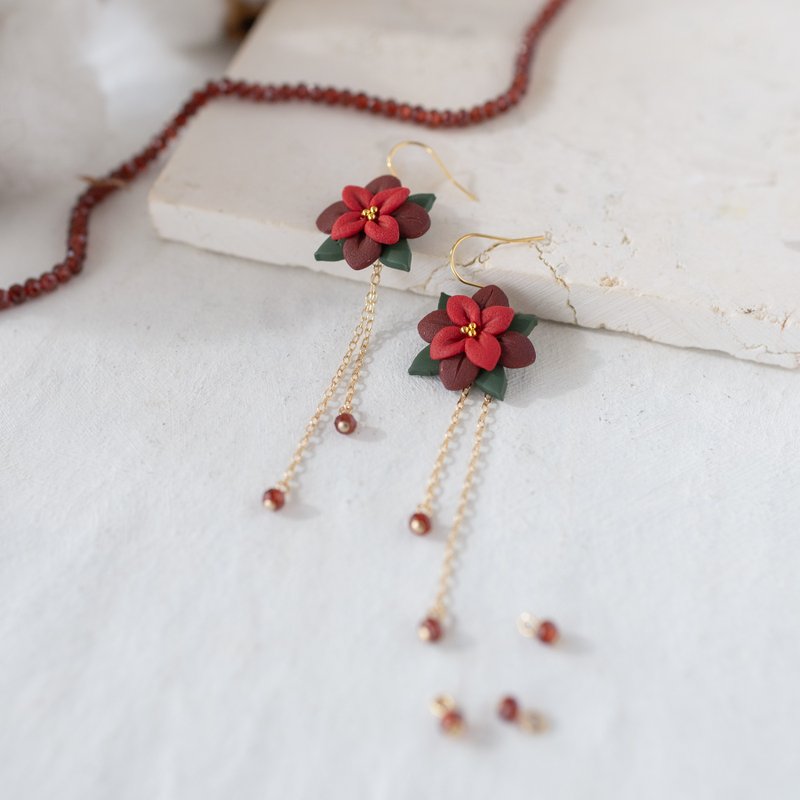 Earrings / clip / Poinsettia and Garnet - Earrings & Clip-ons - Clay Red