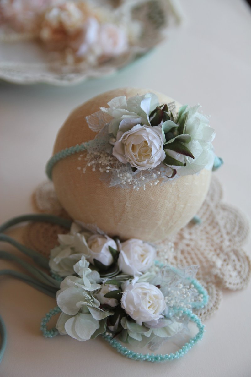 嬰兒頭帶 寶寶頭帶 嬰兒頭飾 頭飾 彌月禮物 彌月頭飾 百日宴頭飾 - 嬰兒帽子/髮帶 - 棉．麻 藍色