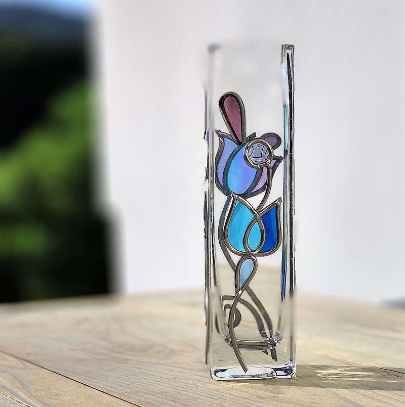 Reprinted version Tall size  Single flower vase  Ryukyu blue - Pottery & Ceramics - Glass Multicolor