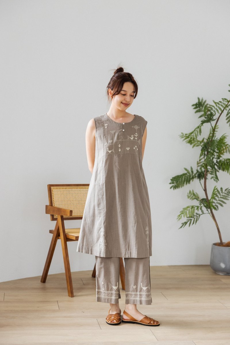 印度Soof刺繡無袖洋裝_咖灰 - 洋裝/連身裙 - 棉．麻 咖啡色