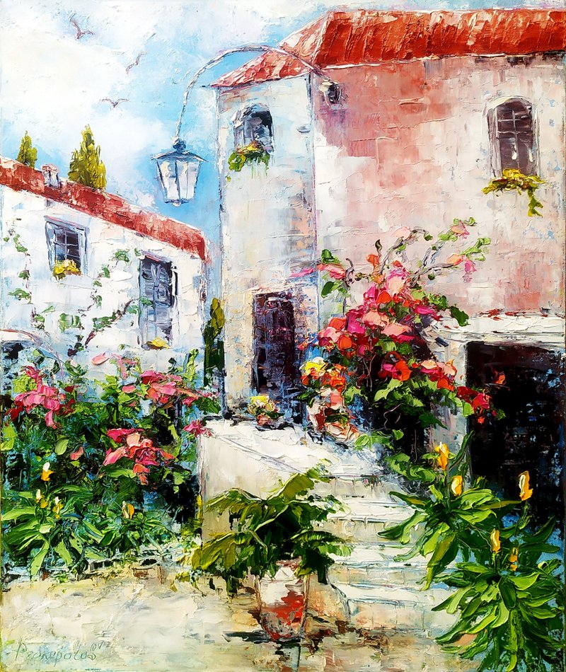 Italy Painting Amafi Original Art Impasto Oil Painting 16x20 Italy - ตกแต่งผนัง - วัสดุอื่นๆ สีส้ม