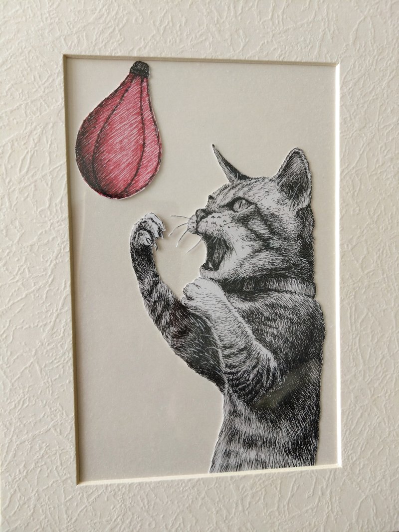 Hand-drawn pet portrait (adorable cat) with paper frame - ภาพวาดบุคคล - กระดาษ ขาว