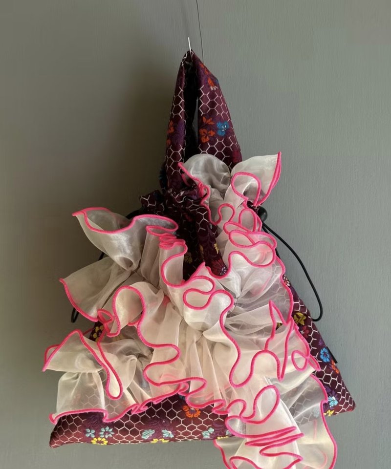 pote オリジナルバック frill drawstring bag パープル×ピンク - トートバッグ・ハンドバッグ - ポリエステル 