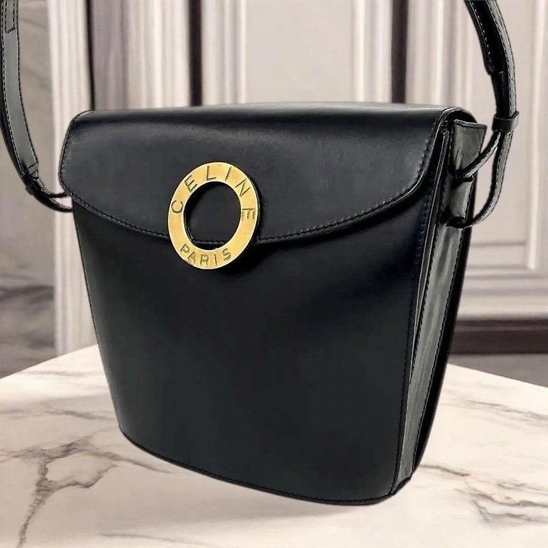 [LA LUNE] Rare second-hand CELINE black gold ring French fries small bag single shoulder side crossbody handbag - Messenger Bags & Sling Bags - Genuine Leather Black