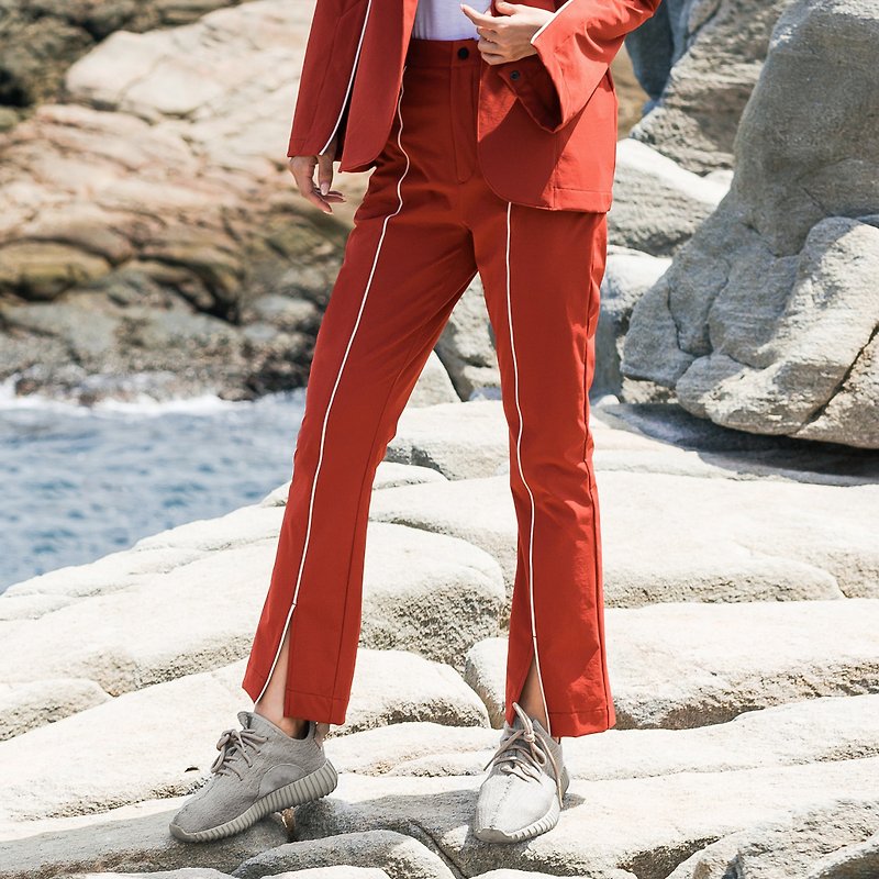 女士彈性西裝褲 (紅褐色) - 闊腳褲/長褲 - 其他材質 紅色