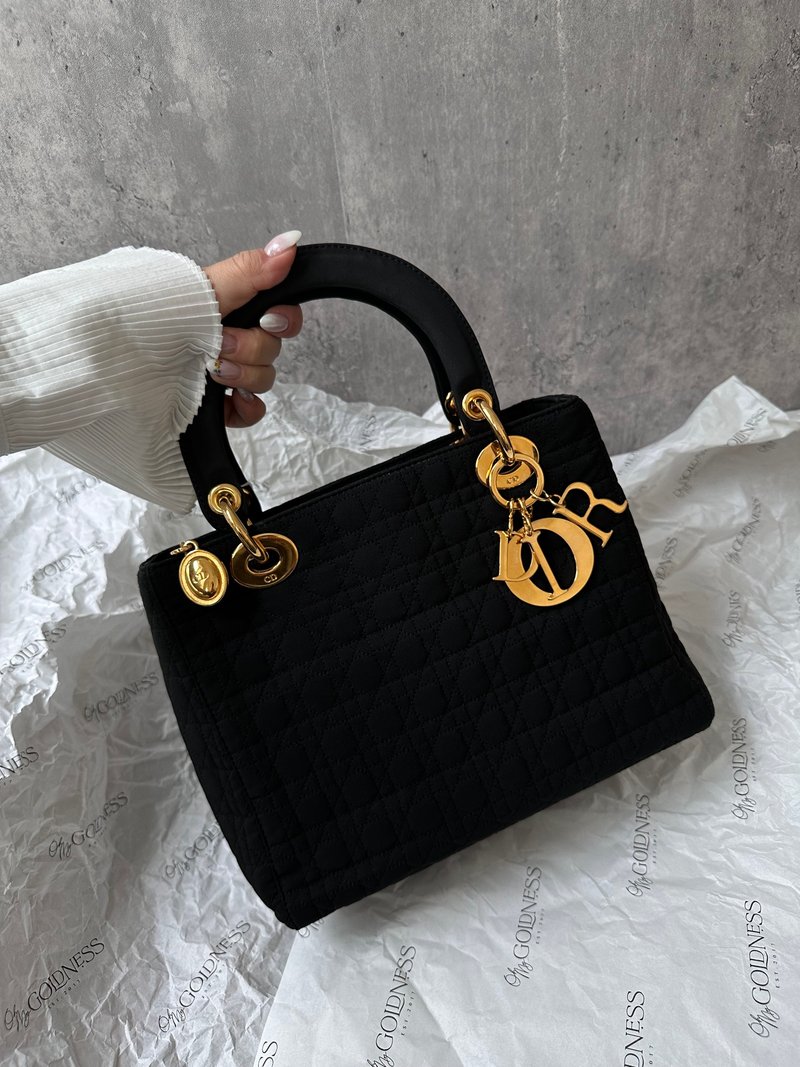 中古包 Dior 迪奧 Lady Dior 黑金布面款 - 手提包/手提袋 - 棉．麻 黑色
