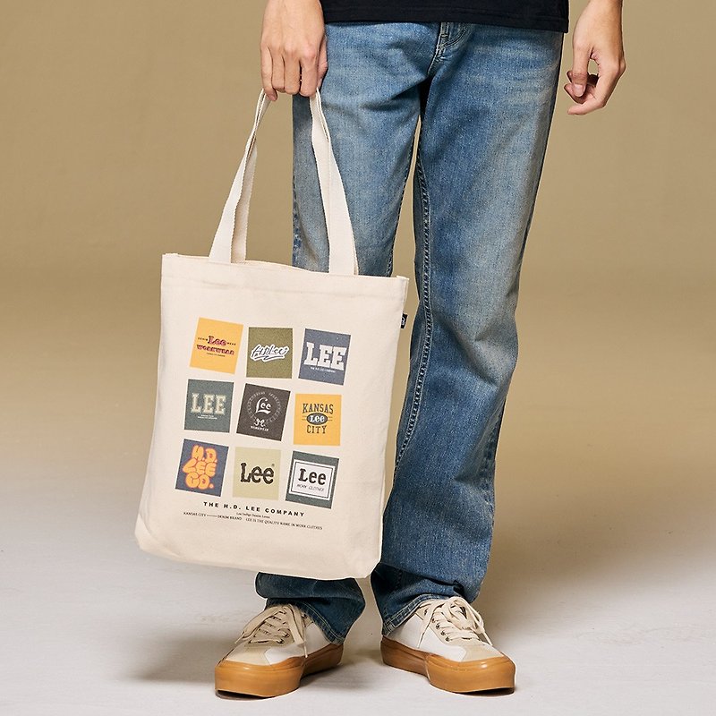 Lee 九宮格品牌印花帆布袋 - 側背包/斜孭袋 - 棉．麻 白色