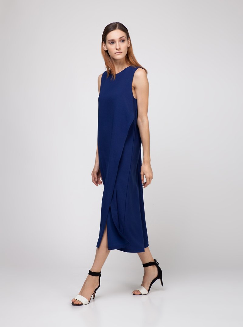 Blue Asymmetrical Dress - 連身裙 - 其他材質 藍色