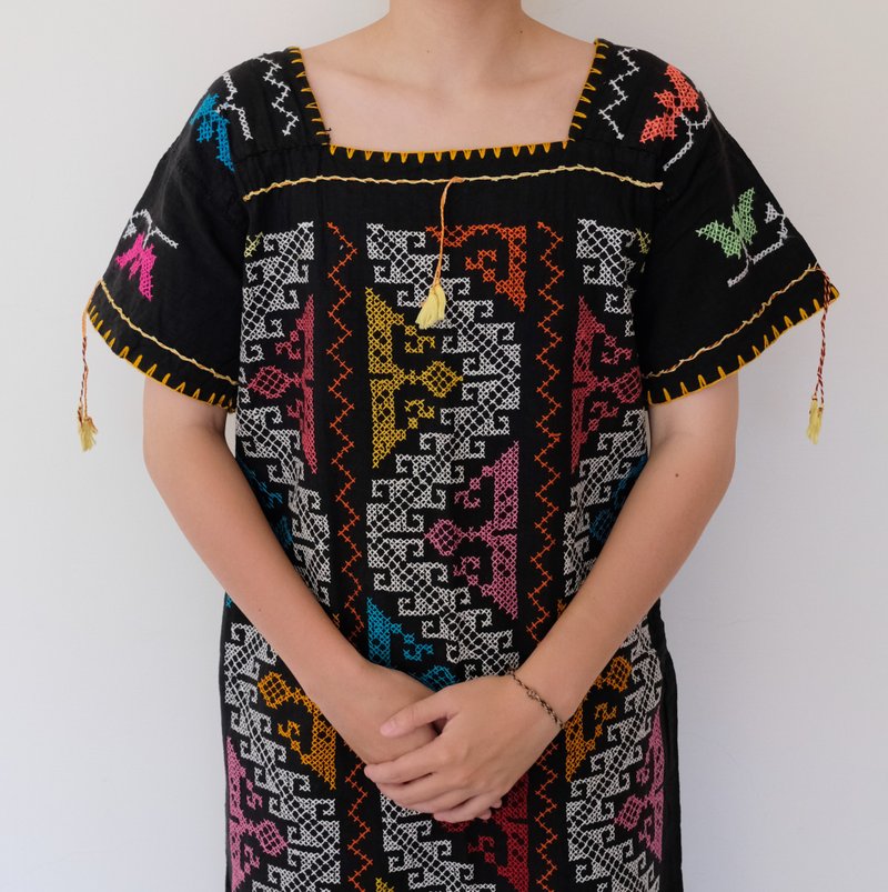 Vintage 墨西哥手工刺繡棉麻長袍洋裝 - 洋裝/連身裙 - 棉．麻 