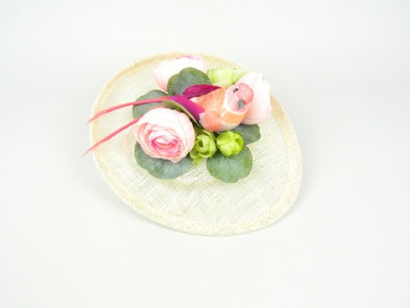 Pillbox Hat Headpiece Cocktail Hat with Bright Feathered Bird and Silk Flowers in Pastel Colours Spring Summer Wedding Bridal Hair Accessory - หมวก - วัสดุอื่นๆ หลากหลายสี