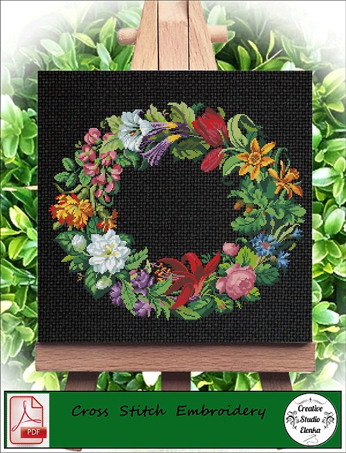 CreativeStudioElenka Vintage Cross Stitch Scheme Wreath 3 - PDF Embroidery Scheme