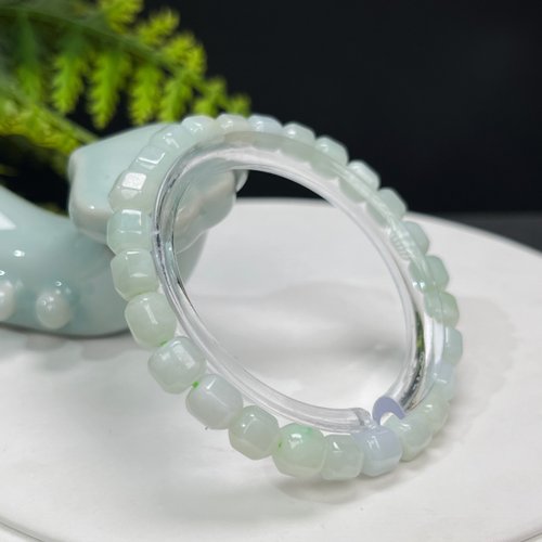 WANZAMGOK 天然淺綠色翡翠手串6.5mm緬甸翡翠A貨六稜柱玉石珠子手鏈女附證書