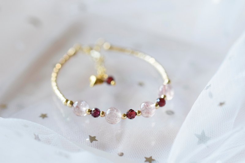 The link of my Heart。Strawberry Quartz Garnet Gemstone 14kgp Bracelet - Bracelets - Crystal Pink