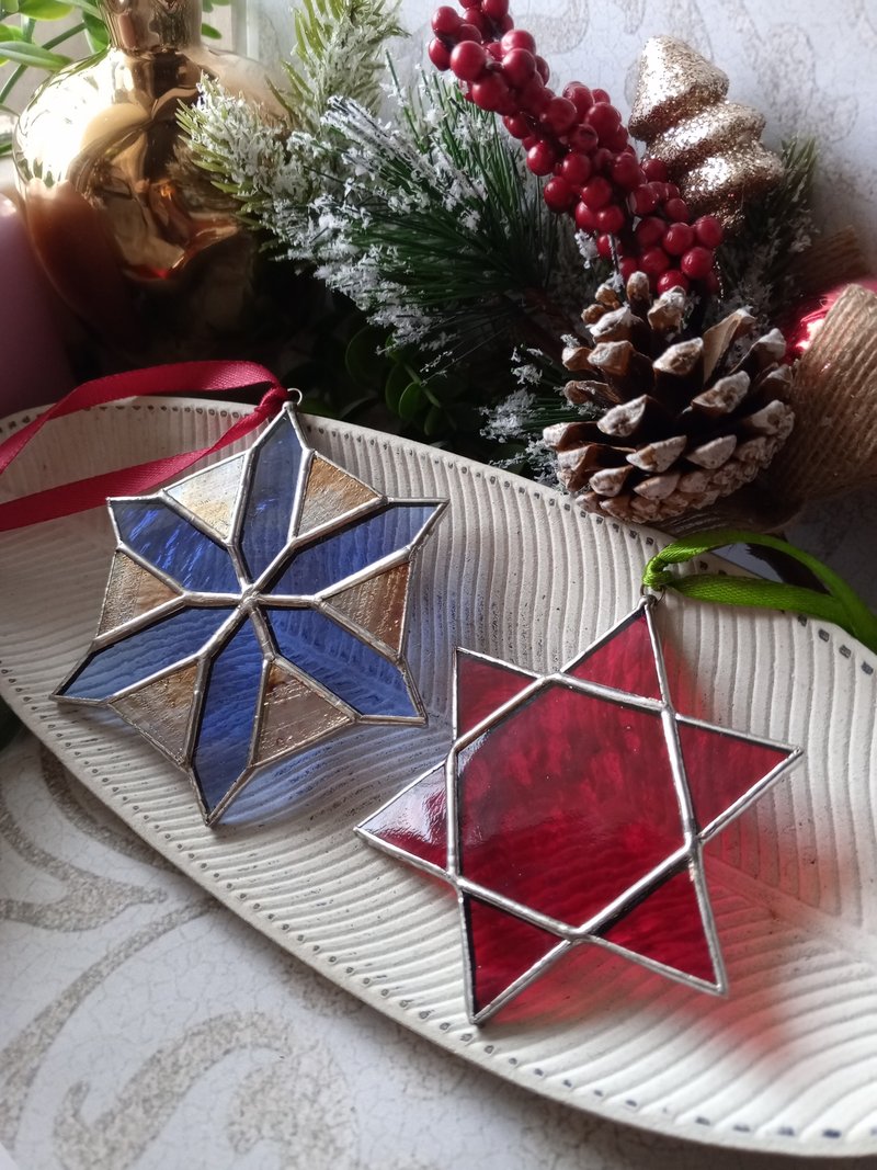 兩件一組雪花掛飾，聖誕裝飾梅爾卡巴簡約彩繪玻璃 - 其他 - 玻璃 多色