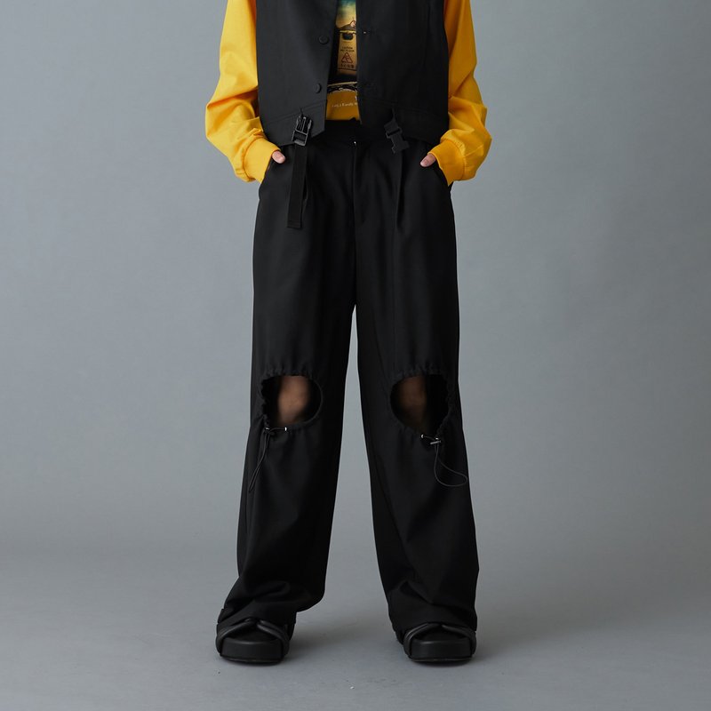 hollow drawstring trousers - กางเกงขายาว - เส้นใยสังเคราะห์ สีดำ