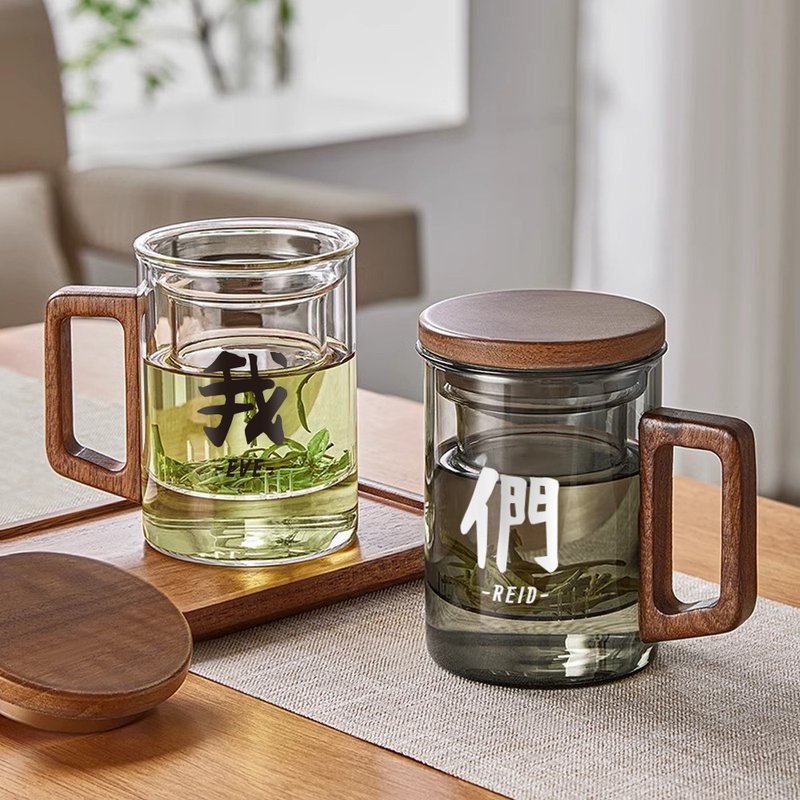 [Customized] Wooden handle tea glass pair cup commemorative gift for couple wedding - แก้ว - แก้ว 