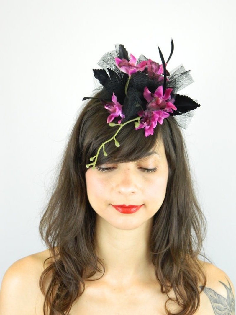 SALE! Fascinator Headpiece Hat Silk Pink Orchid Flowers Cascading with Veil - Hair Accessories - Other Materials Black