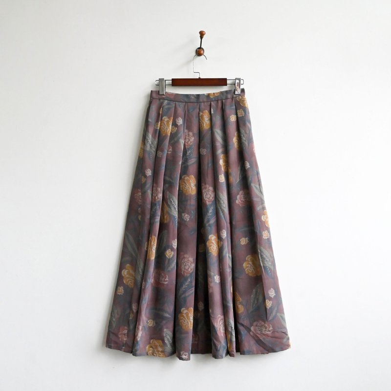 [Egg Plant Vintage] Chunhua Story British printed pleated vintage skirt - Skirts - Other Man-Made Fibers 