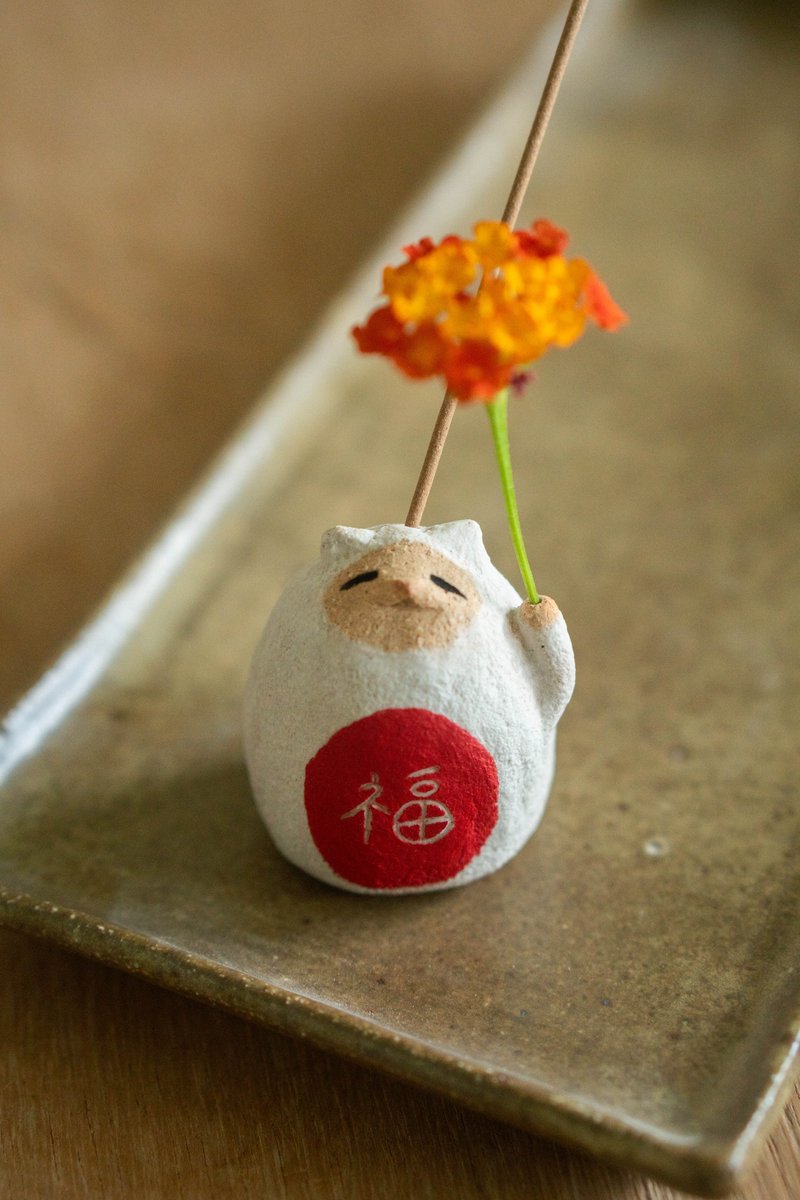 Fortune cat incense stick holder - น้ำหอม - ดินเผา ขาว