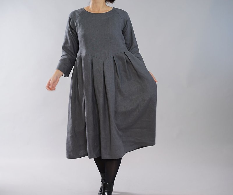 wafu - 純亞麻洋裝 Midweight Linen Tuck Skirt Dress / Dimgray a013i-dmg2 - ชุดเดรส - ลินิน สีเทา