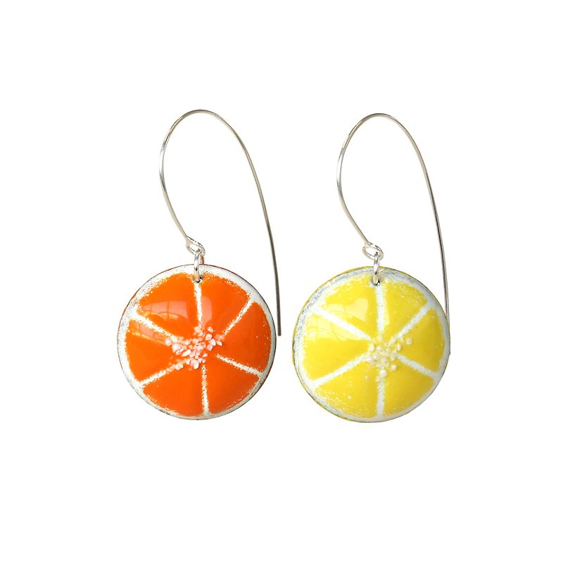 Orange & Lemon Fruit Slices, Color Glass Enamel Round Dangling Earrings - Earrings & Clip-ons - Enamel Orange