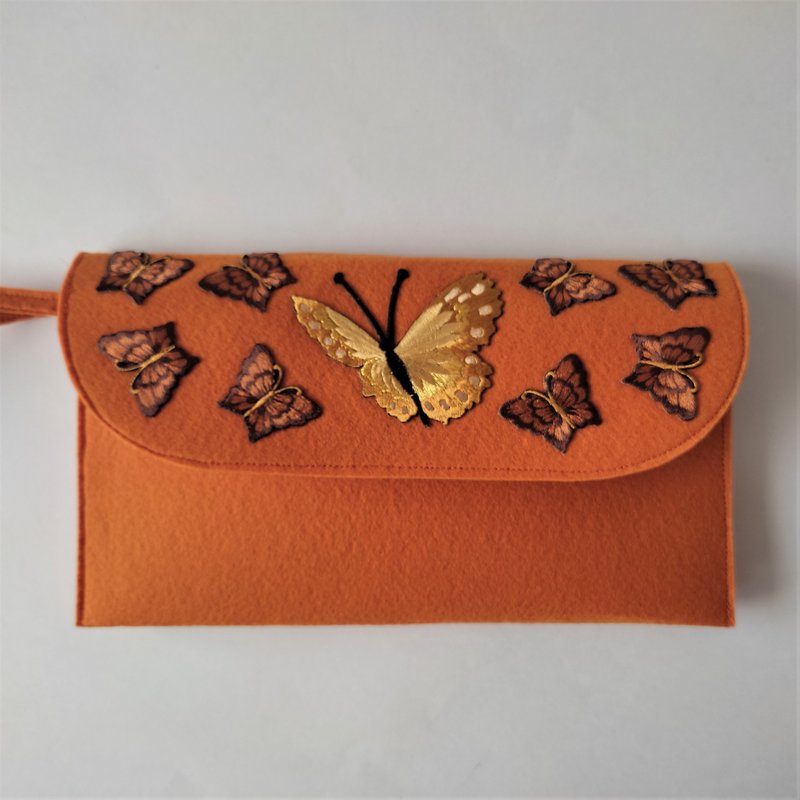 手拿包  felt clutch handmade with butterflies small handbag with short handle - 手拿包 - 其他人造纖維 橘色