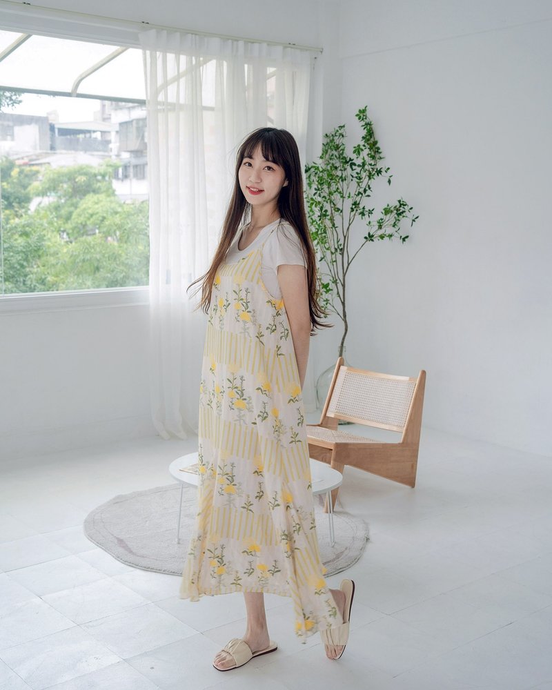 [Boli Print] Exaggerated fishtail skirt, spaghetti strap dress, long dress, Kominato Hiyori and Rapeseed Flowers - ชุดเดรส - ผ้าฝ้าย/ผ้าลินิน สีเหลือง