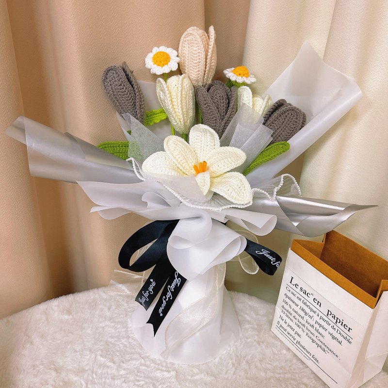 Handcrafted Crochet White and Gray Color Scheme Bouquet - Tulips, Daisies - Dried Flowers & Bouquets - Cotton & Hemp Gray