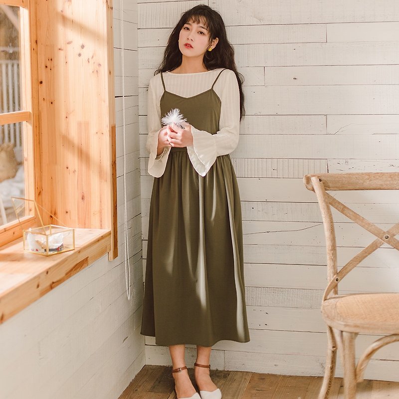 Anne Chen 2018 spring and summer new style literary women's sling solid color back to wear a dress - ชุดเดรส - ไนลอน สีเขียว