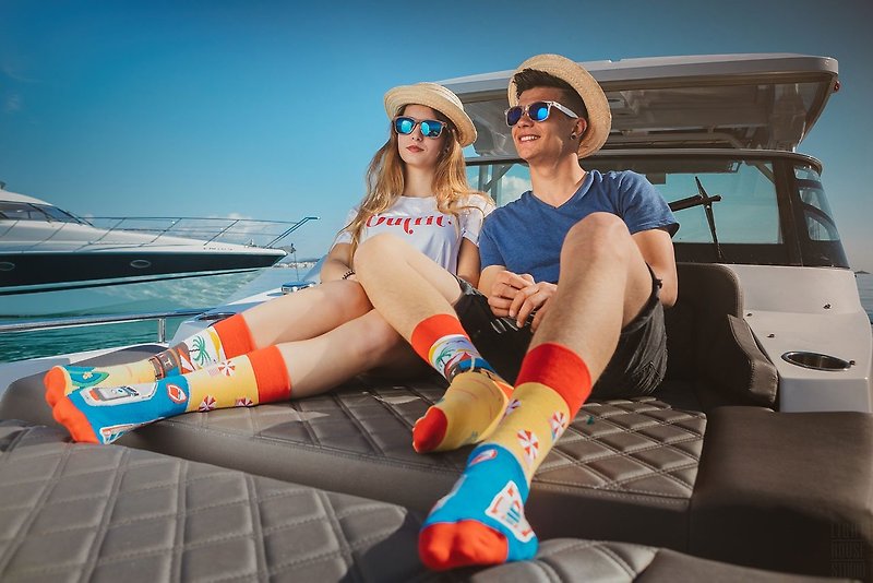 Summer Paradise Mismatched Adult Crew Sock - ถุงเท้า - ผ้าฝ้าย/ผ้าลินิน สีส้ม