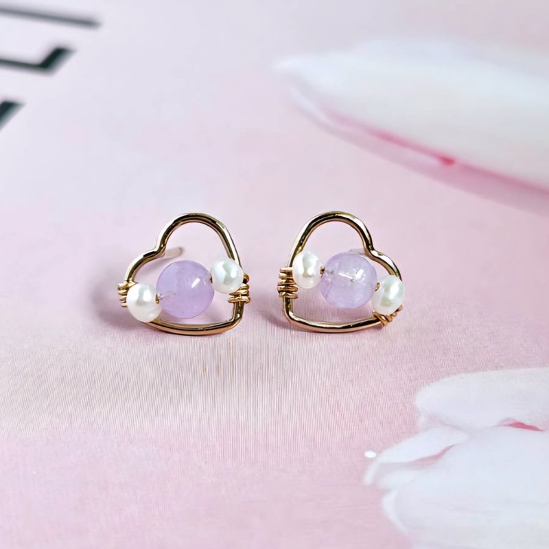 Pearl Sandwich Series Lavender Amethyst Natural Pearl American 14k Gold Filled Earrings | Handmade to order - ต่างหู - คริสตัล 