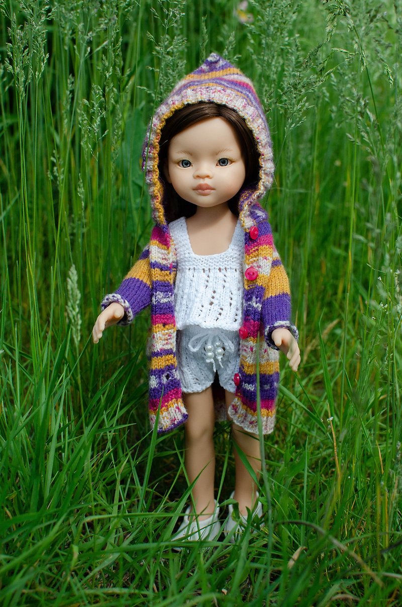 Knitted set for Paola Reina doll. Hooded cardigan, top and shorts. - ของเล่นเด็ก - วัสดุอื่นๆ 